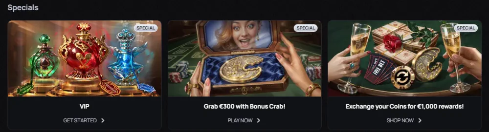 Section des spécialités Casinova avec programme VIP et échange de pièces de récompense.